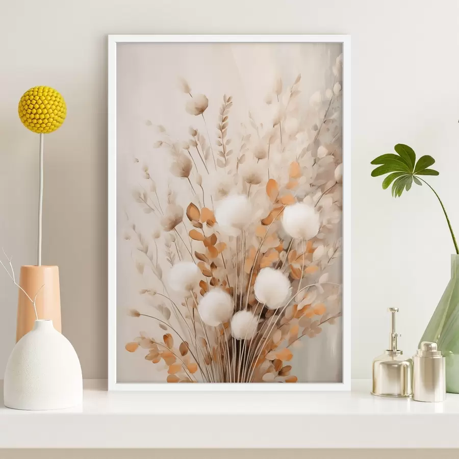 Fototapete Ein Strauß aus weißen, flauschigen Blüten und getrockneten Orangenblättern in sanften, gedeckten Farben f50952