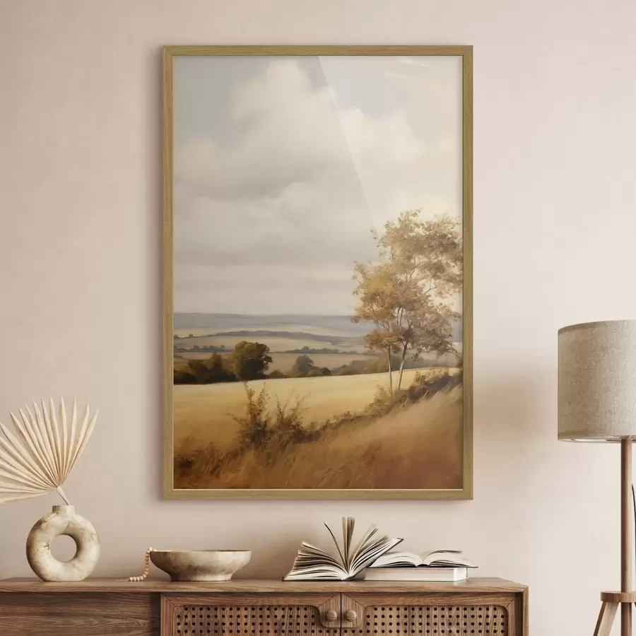 Fototapete Landschaft mit strukturierten, sanften Hügeln und Feldern, Herbstlaub, Malstil f50965