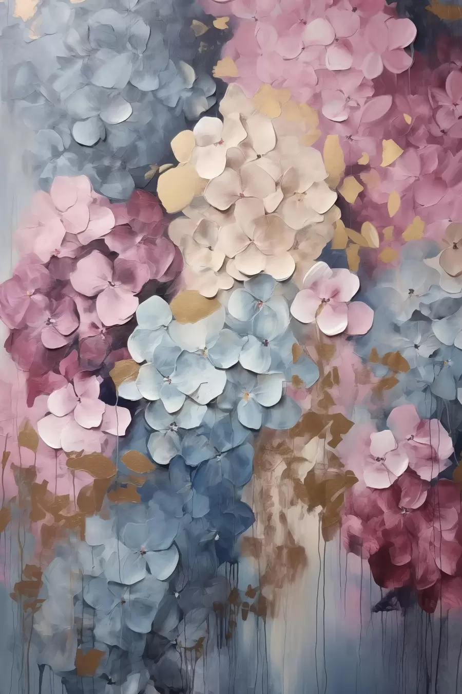 Fototapete Hortensien in Rosa-, Creme- und Blautönen mit strukturierten Blütenblättern, abstrakte Kunst f50968