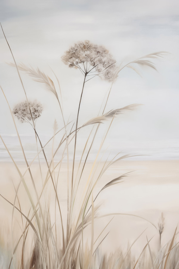 Poster Hohes, trockenes Gras und Blumen in gedeckten Beige- und Weißtönen, weicher, unscharfer Hintergrund, Posters Natur, f50973wo : Uwalls