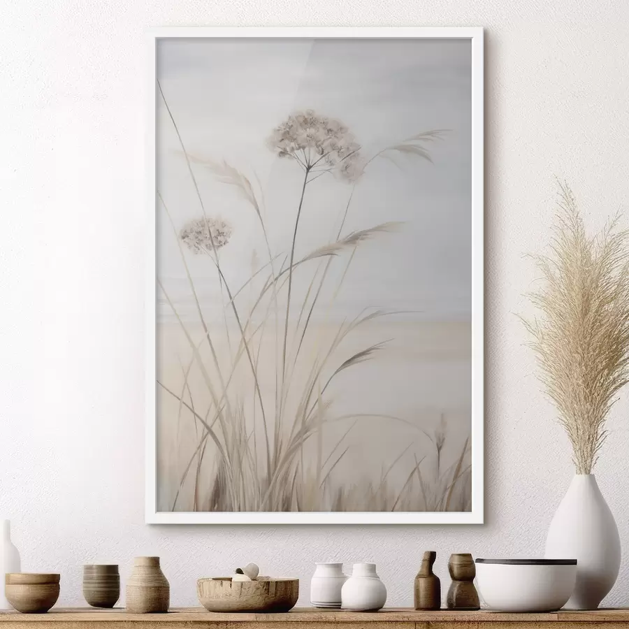 Fototapete Hohes, trockenes Gras und Blumen in gedeckten Beige- und Weißtönen, weicher, unscharfer Hintergrund f50973