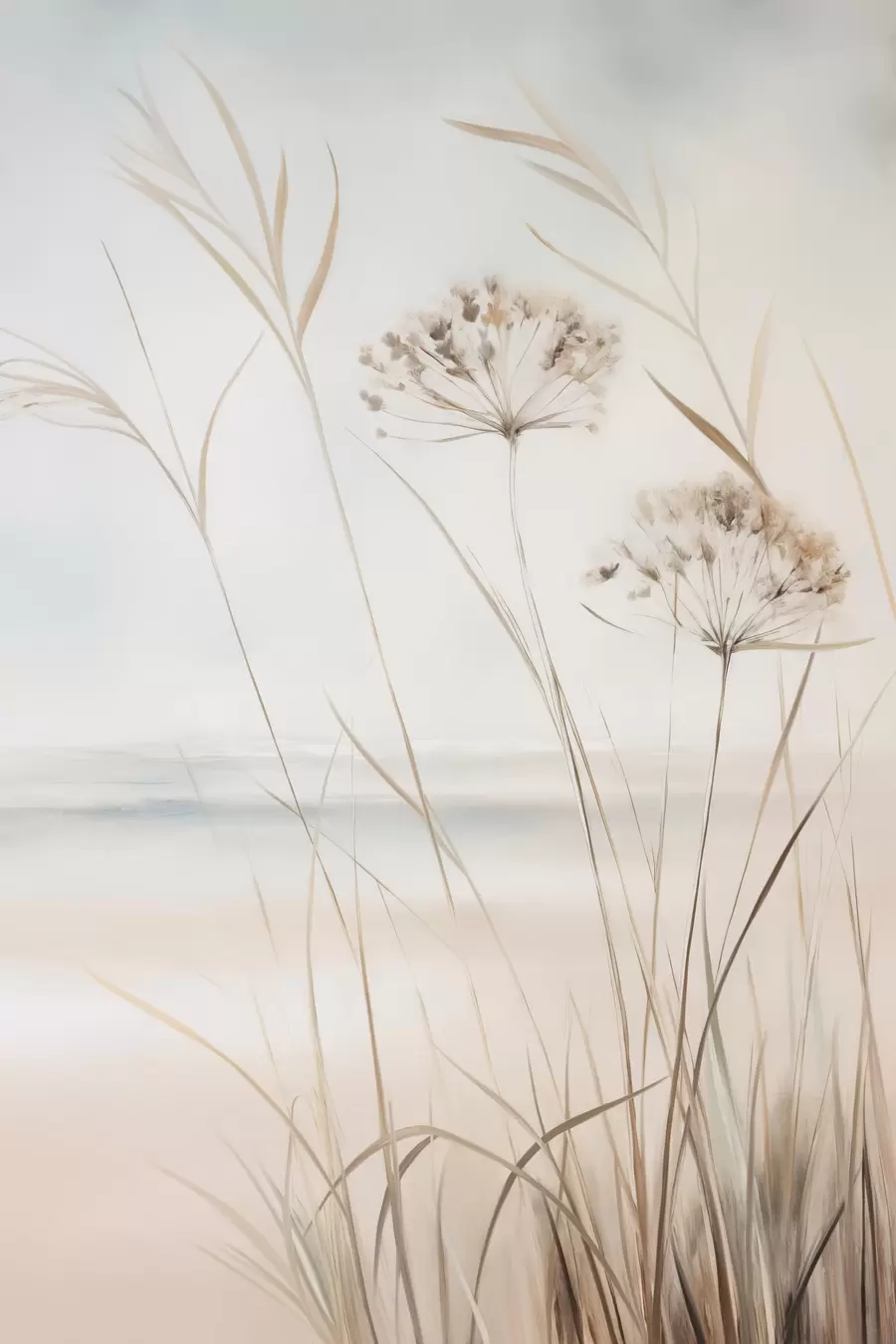 Fototapete Hohes, trockenes Gras und Blumen in gedeckten Beige- und Weißtönen, weicher, unscharfer Hintergrund f50974