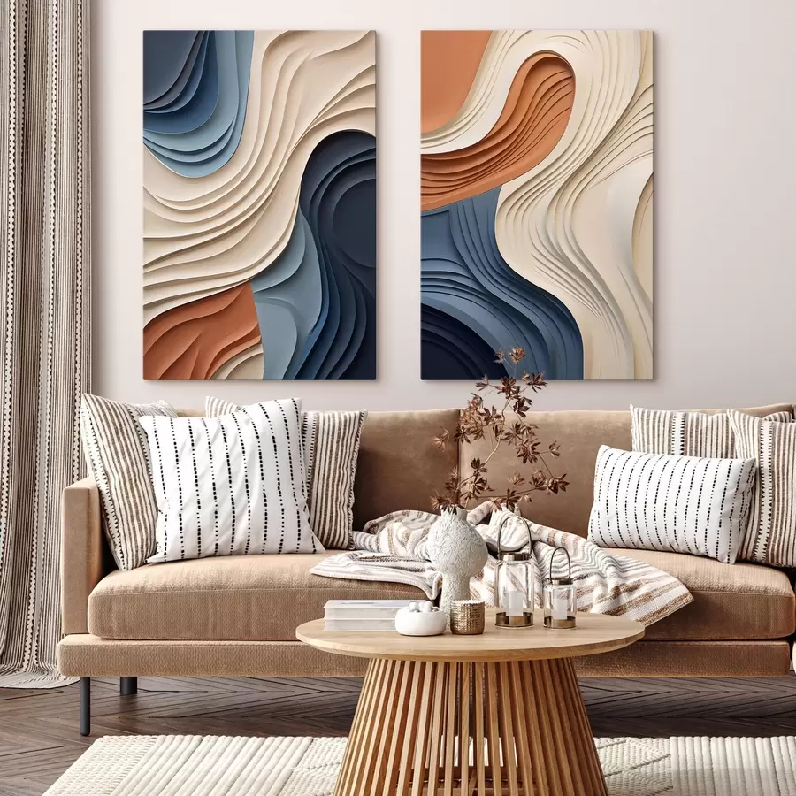 Wandbilder Abstrakte, wellenförmige Schichten in Creme-, Blau- und Orangetönen, strukturierte moderne Kunst m31041