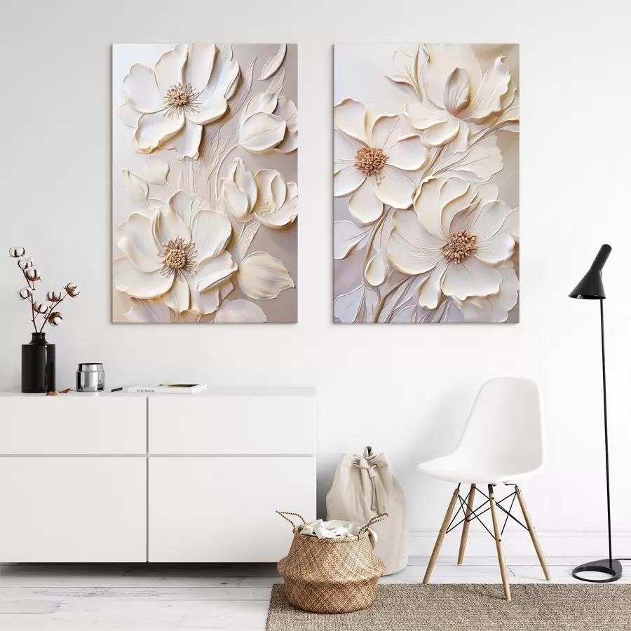 Wandbilder Cremefarbene Blüten mit strukturierten Blütenblättern, sanfter, heller Hintergrund m31045