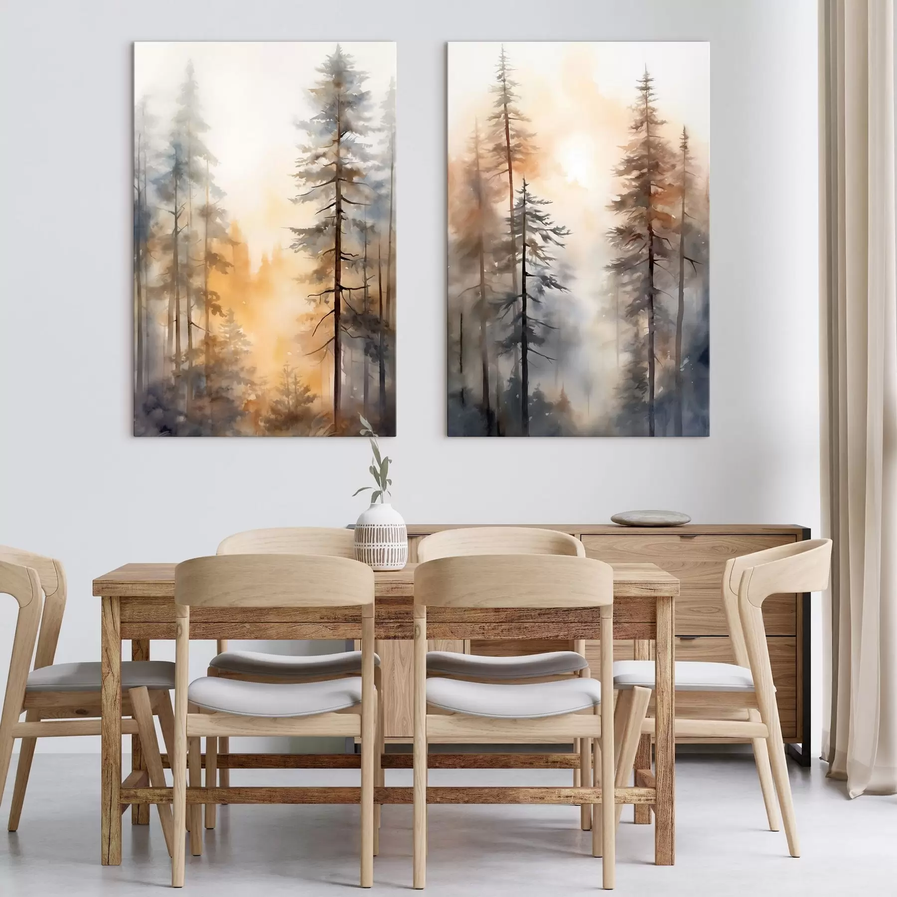 Wandbilder Hohe Kiefern, Waldlandschaft in warmem orangefarbenem Licht m31046