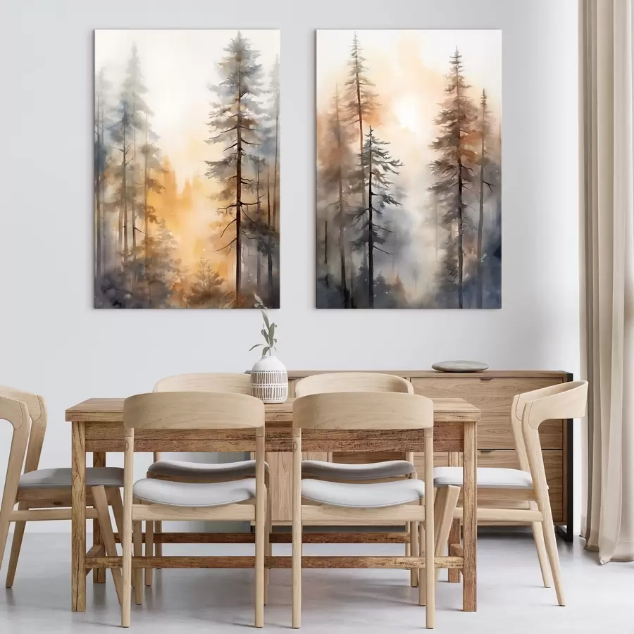 Wandbilder Hohe Kiefern, Waldlandschaft in warmem orangefarbenem Licht m31046