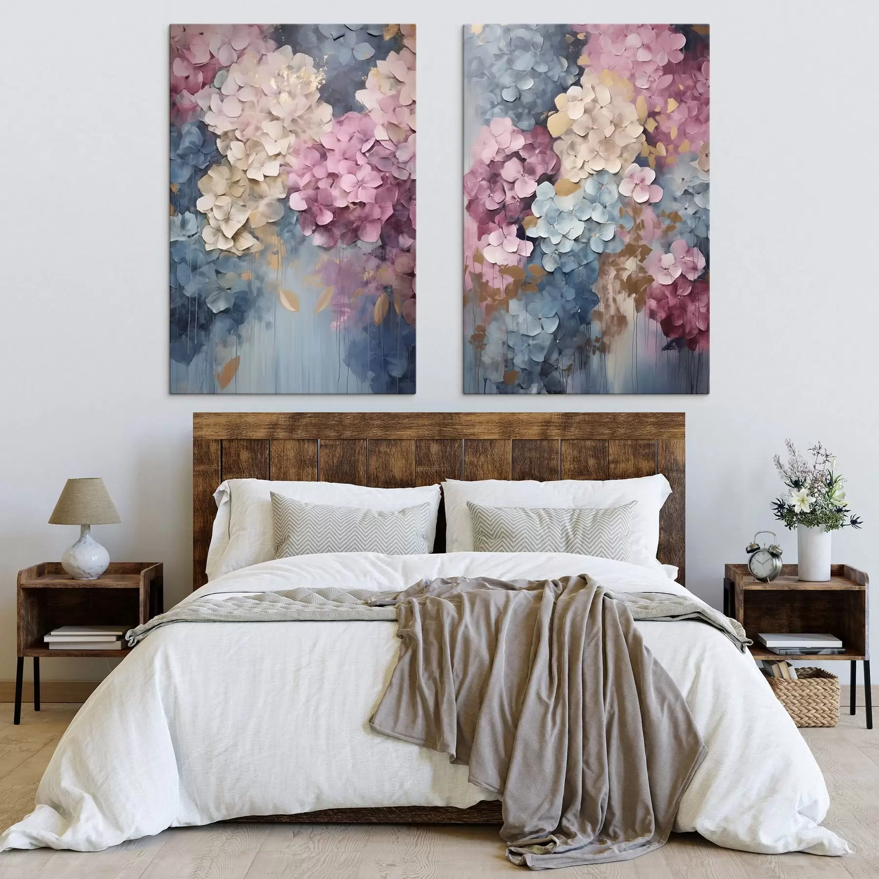 Wandbilder Hortensien in Rosa-, Creme- und Blautönen mit strukturierten Blütenblättern, abstrakte Kunst m31050