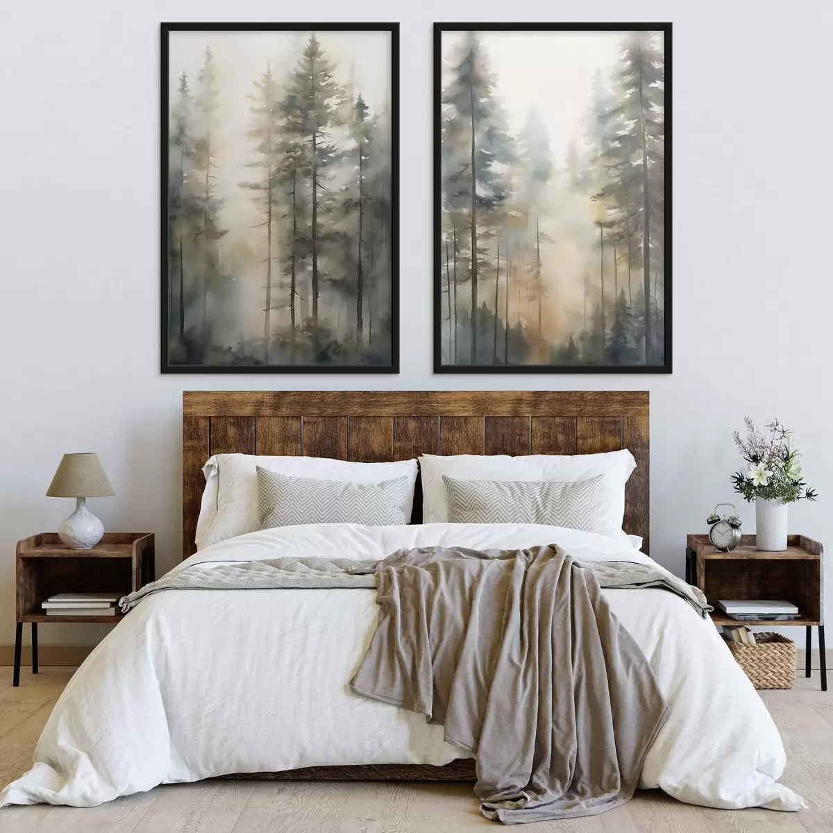 Poster Hohe Kiefern in einem nebligen Wald, durchflutet von sonnigem Licht d31040