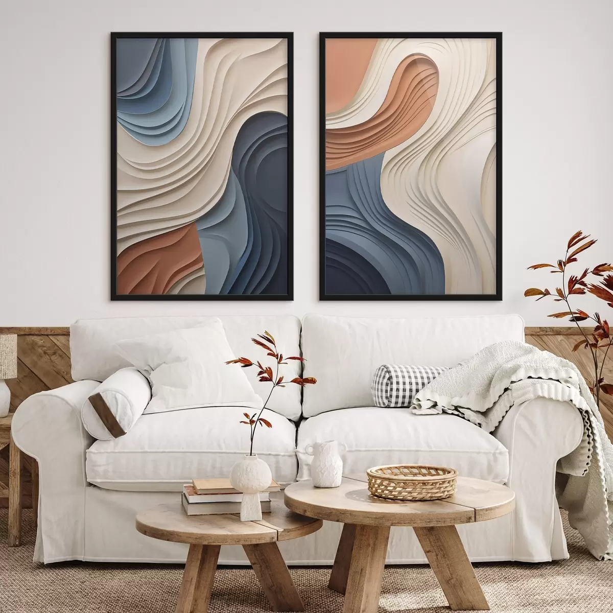 Poster Abstrakte, wellenförmige Schichten in Creme-, Blau- und Orangetönen, strukturierte moderne Kunst d31041
