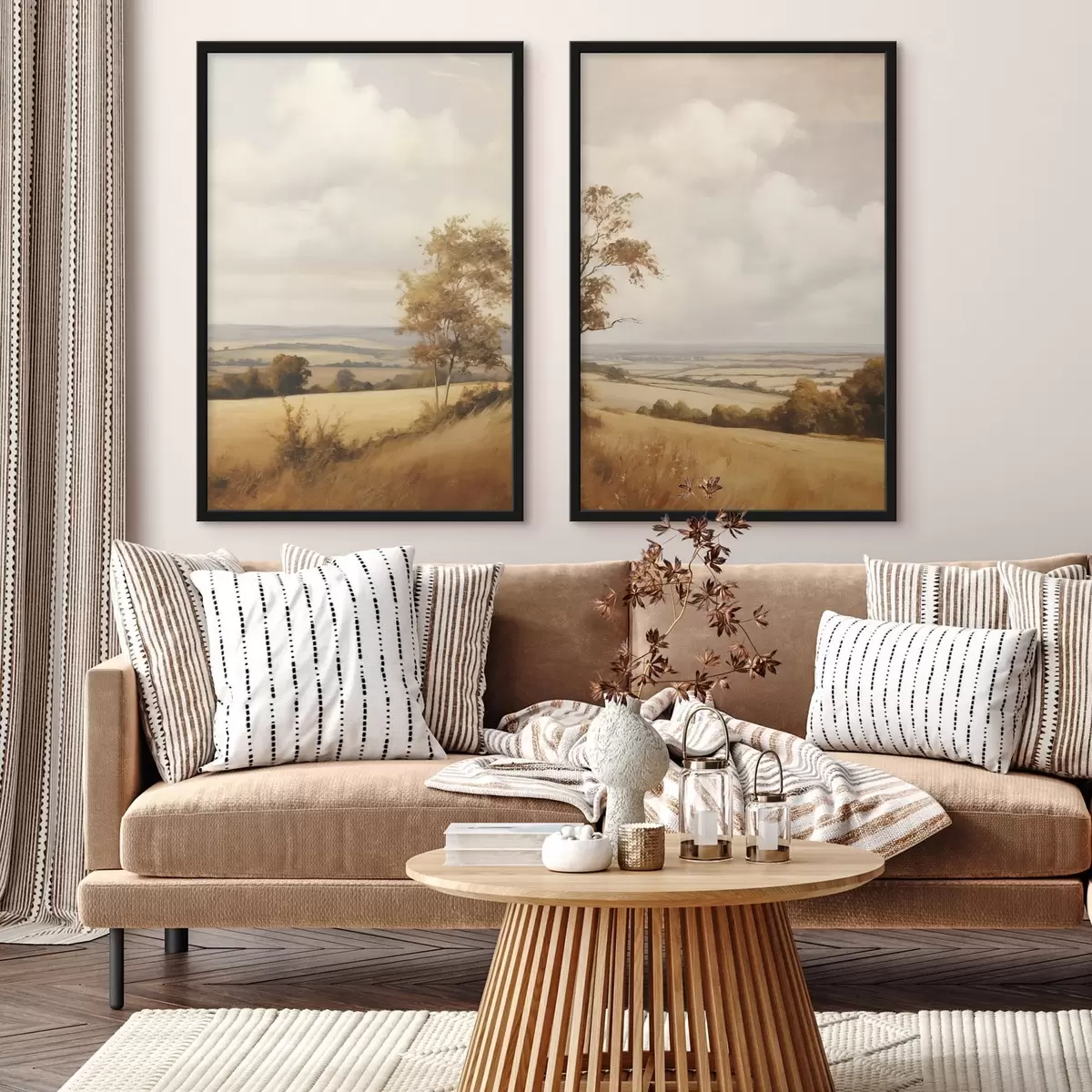 Poster Landschaft mit strukturierten, sanften Hügeln und Feldern, Herbstlaub, Malstil d31049