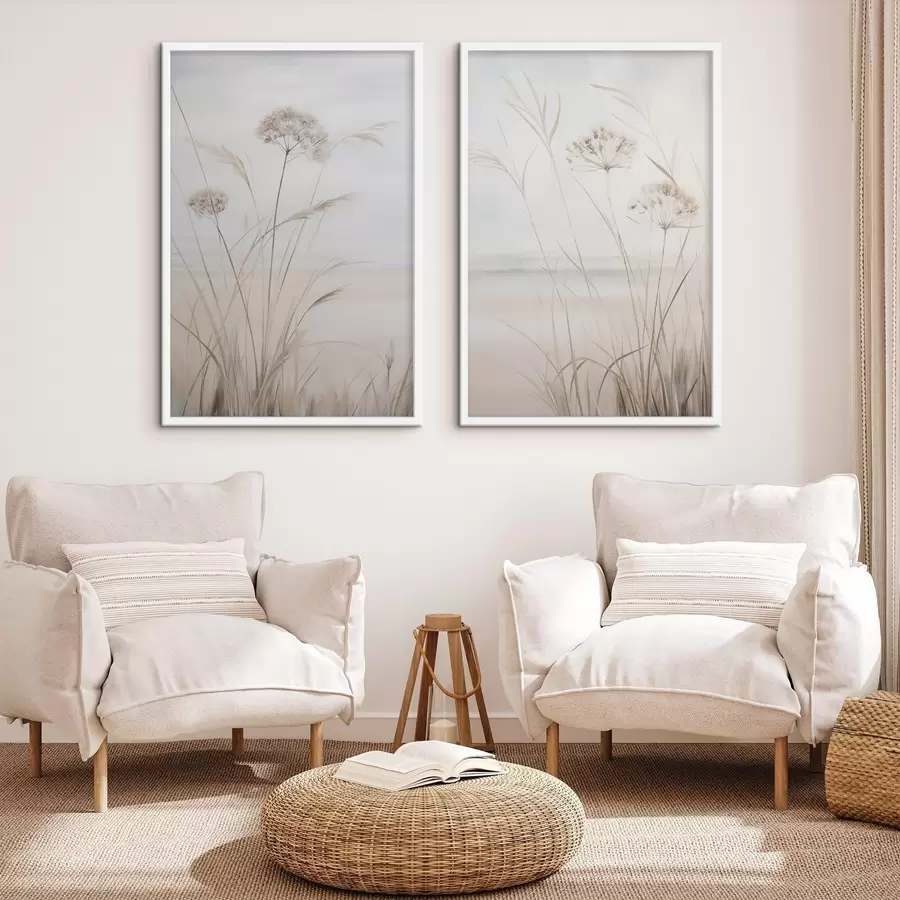 Fototapete Hohes, trockenes Gras und Blumen in gedeckten Beige- und Weißtönen, weicher, unscharfer Hintergrund d31053