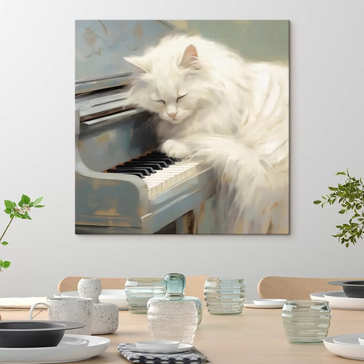 Wandbilder Katze, die auf Klaviertasten schläft, Gemäldeimitation s50990