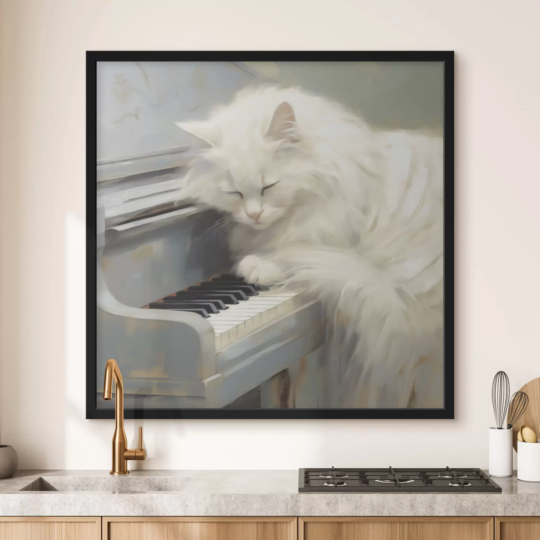 Fototapete Katze, die auf Klaviertasten schläft, Gemäldeimitation f50990