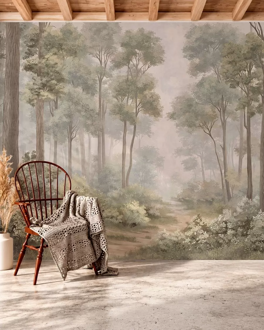 Fototapete Nebelverhüllter Wald mit einem Pfad zwischen Bäumen und Sträuchern w05889v2