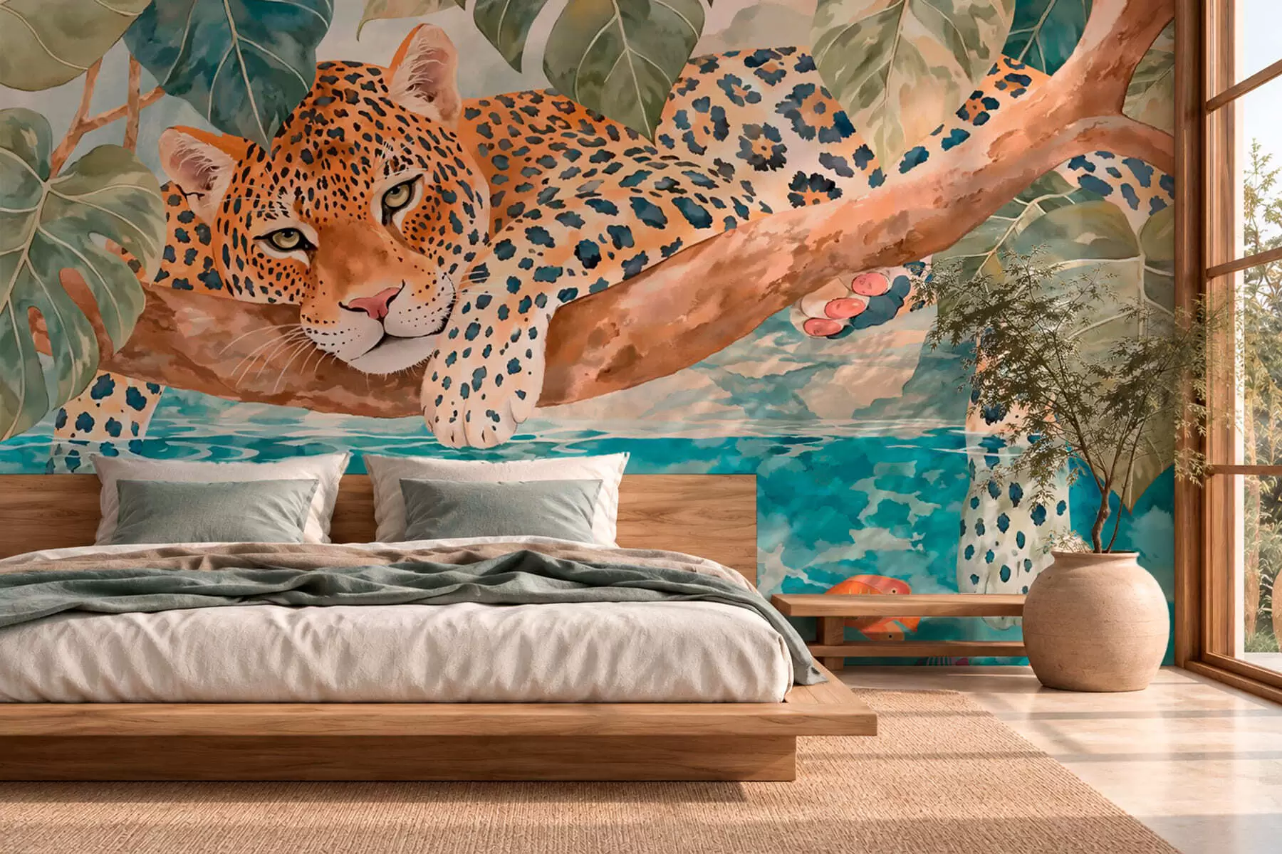 Fototapete Leopard auf einem Ast über dem Wasser mit bunten Fischen w05954