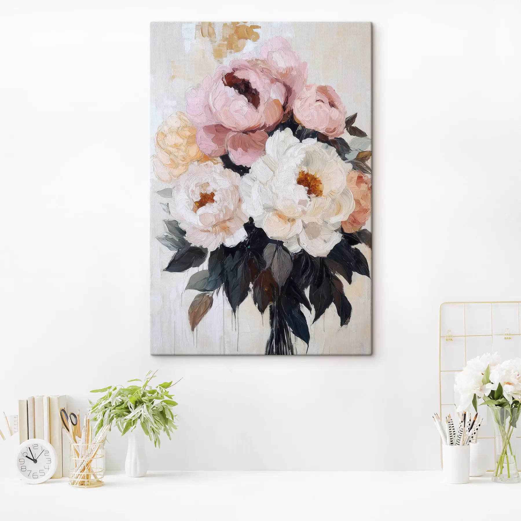 Wandbilder Strauß aus rosa und weißen Pfingstrosen s51008