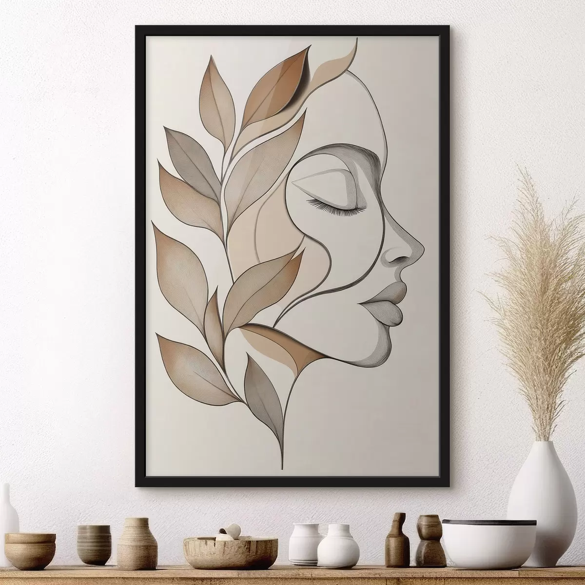 Poster Profil einer Frau mit Blättern f50997