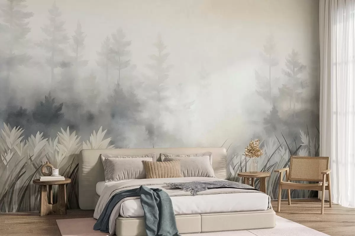 Fototapete Landschaft mit hohem Wildgras und Kiefernwald, minimalistischer, strukturierter Stil w10082