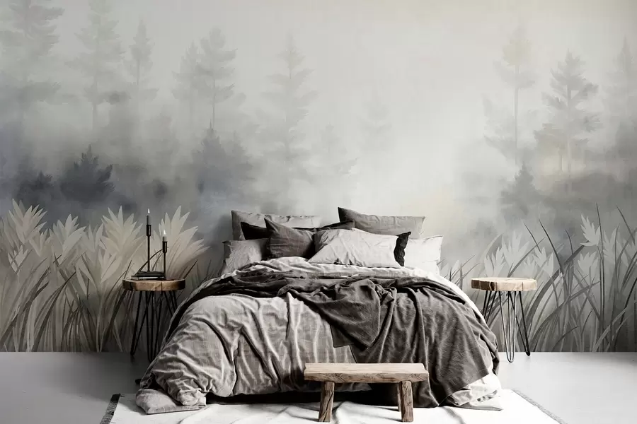Fototapete Landschaft mit hohem Wildgras und Kiefernwald, minimalistischer, strukturierter Stil w10082