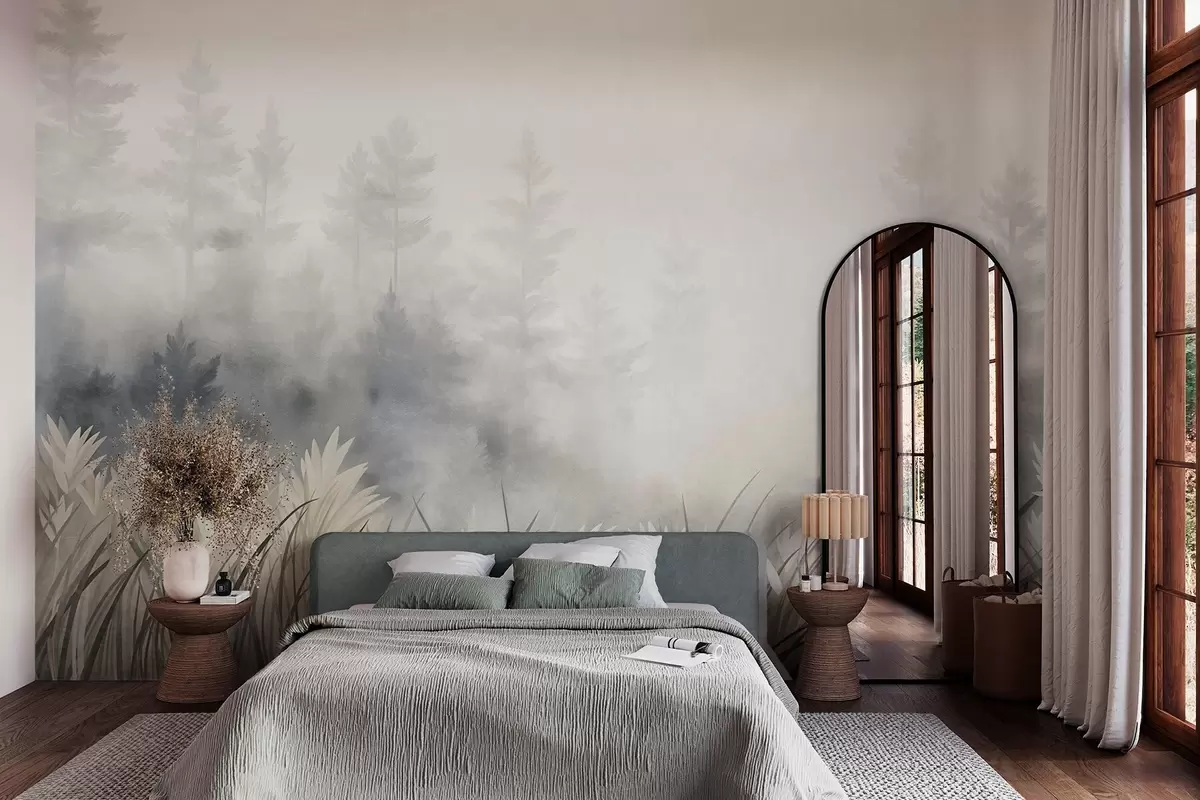 Fototapete Landschaft mit hohem Wildgras und Kiefernwald, minimalistischer, strukturierter Stil w10082