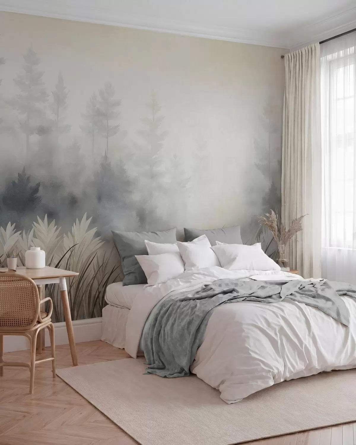 Fototapete Landschaft mit hohem Wildgras und Kiefernwald, minimalistischer, strukturierter Stil w10082