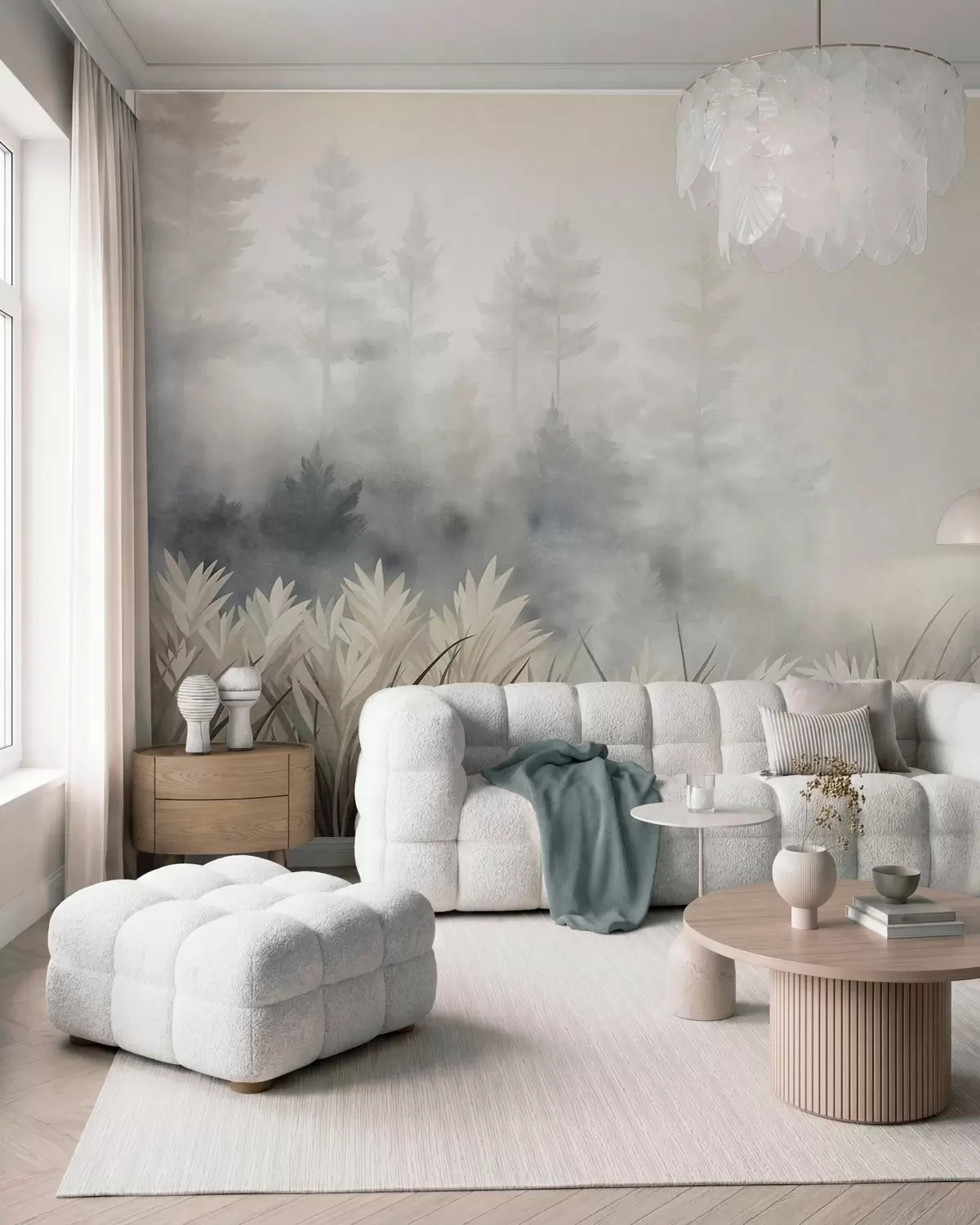 Fototapete Landschaft mit hohem Wildgras und Kiefernwald, minimalistischer, strukturierter Stil w10082