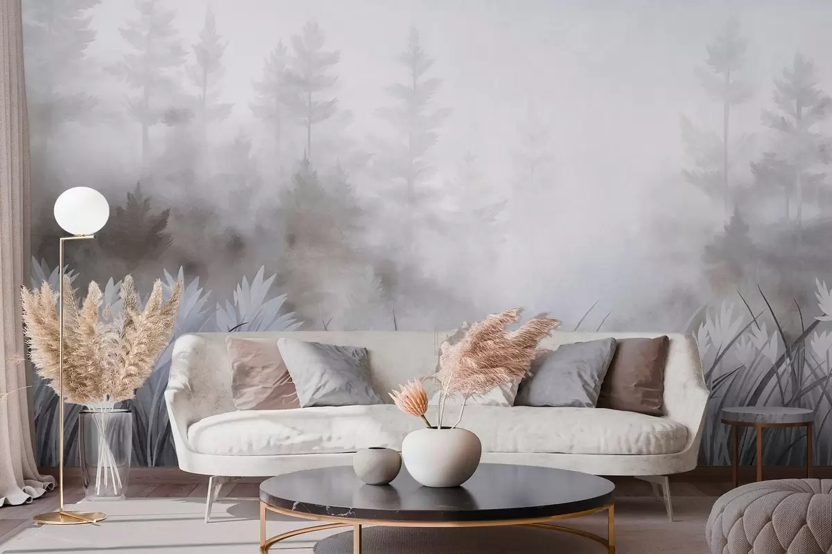 Fototapete Landschaft mit hohem Wildgras und Kiefernwald, minimalistischer, strukturierter Stil w10082v1