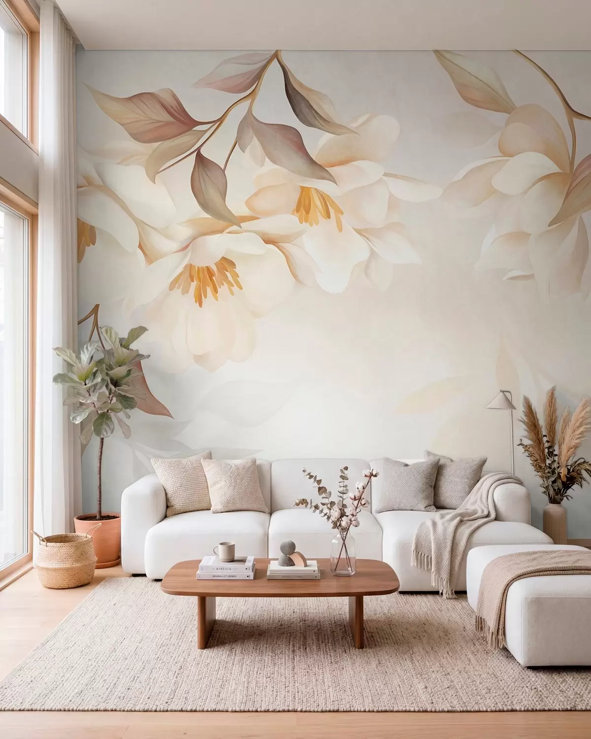 Fototapete Magnolienblüten mit zarten braunen Blättern, die von den Zweigen herabhängen w10086