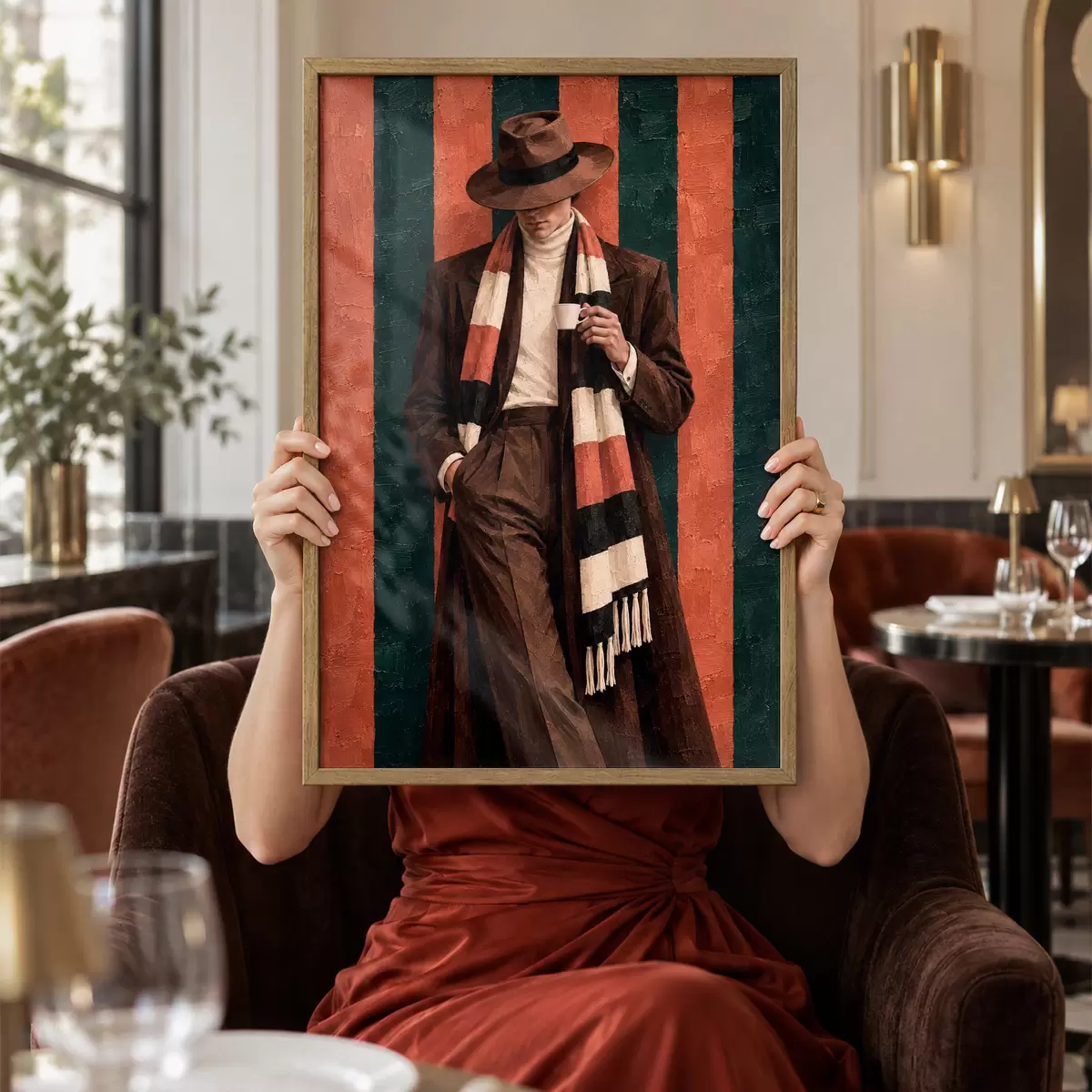 Poster Eine stilvolle Gestalt mit einem Becher in der Hand f50884