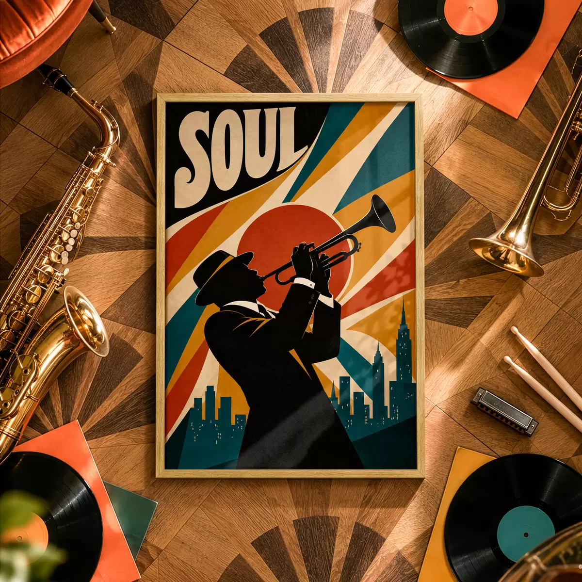 Poster Jazz hallt durch die Skyline der Stadt f50925