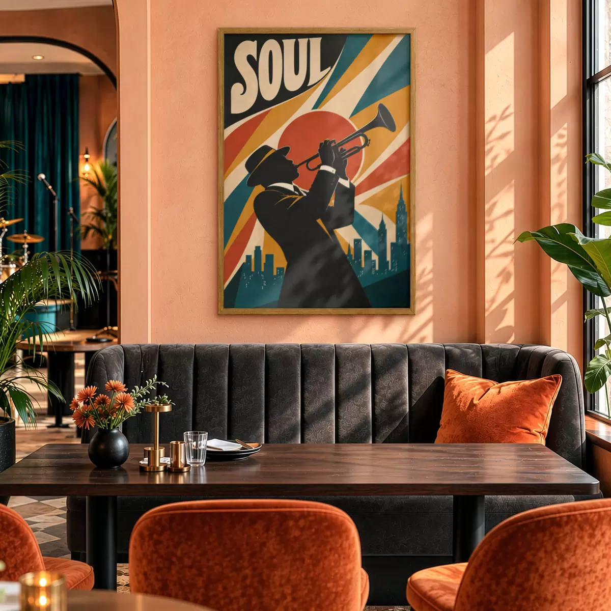 Poster Jazz hallt durch die Skyline der Stadt f50925