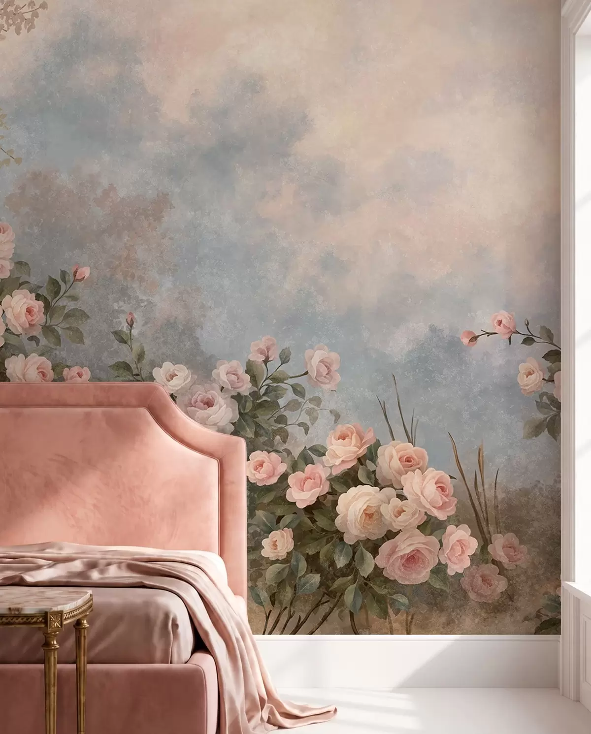 Fototapete Üppige rosa Rosensträucher vor einer nebligen Landschaft w05888