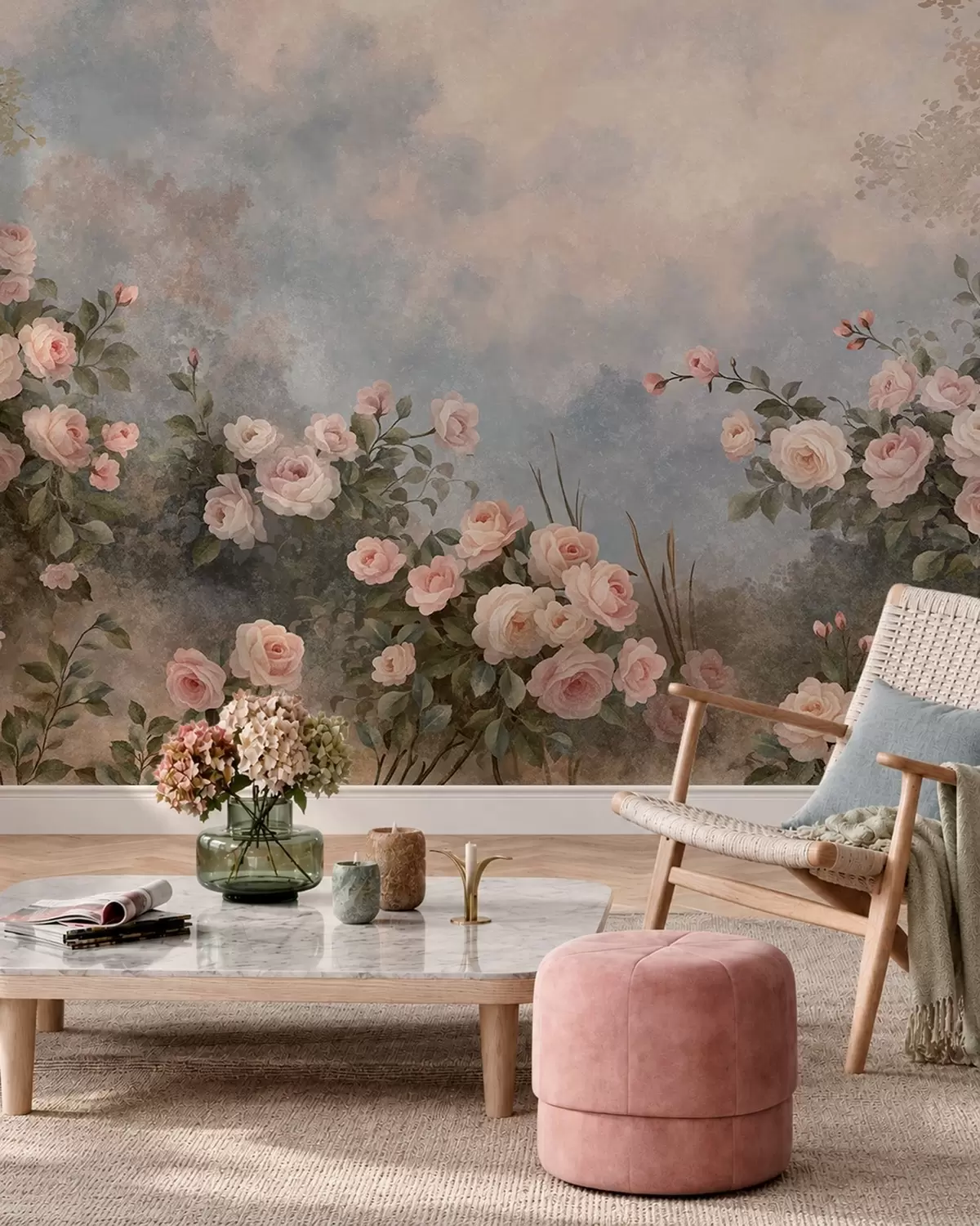 Fototapete Üppige rosa Rosensträucher vor einer nebligen Landschaft w05888