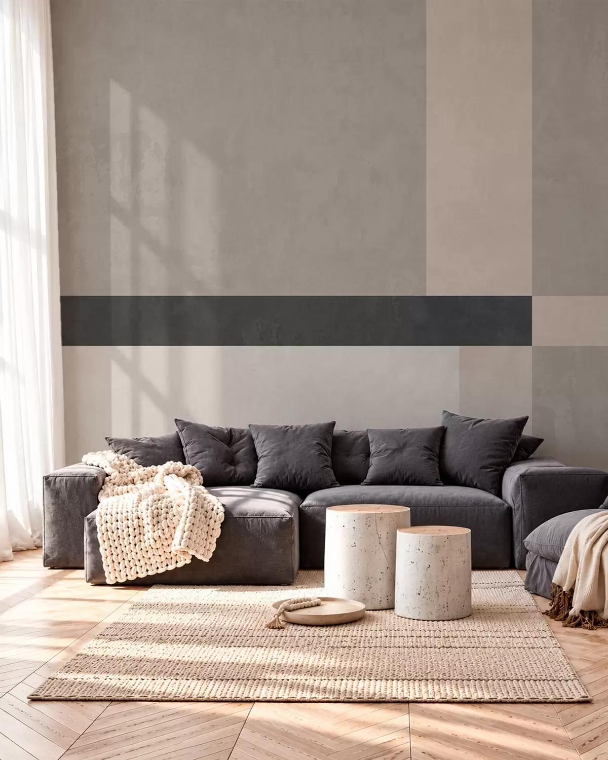 Fototapete Abstrakte Geometrie mit beigen und grauen Blöcken und einem dunklen Streifen w05891