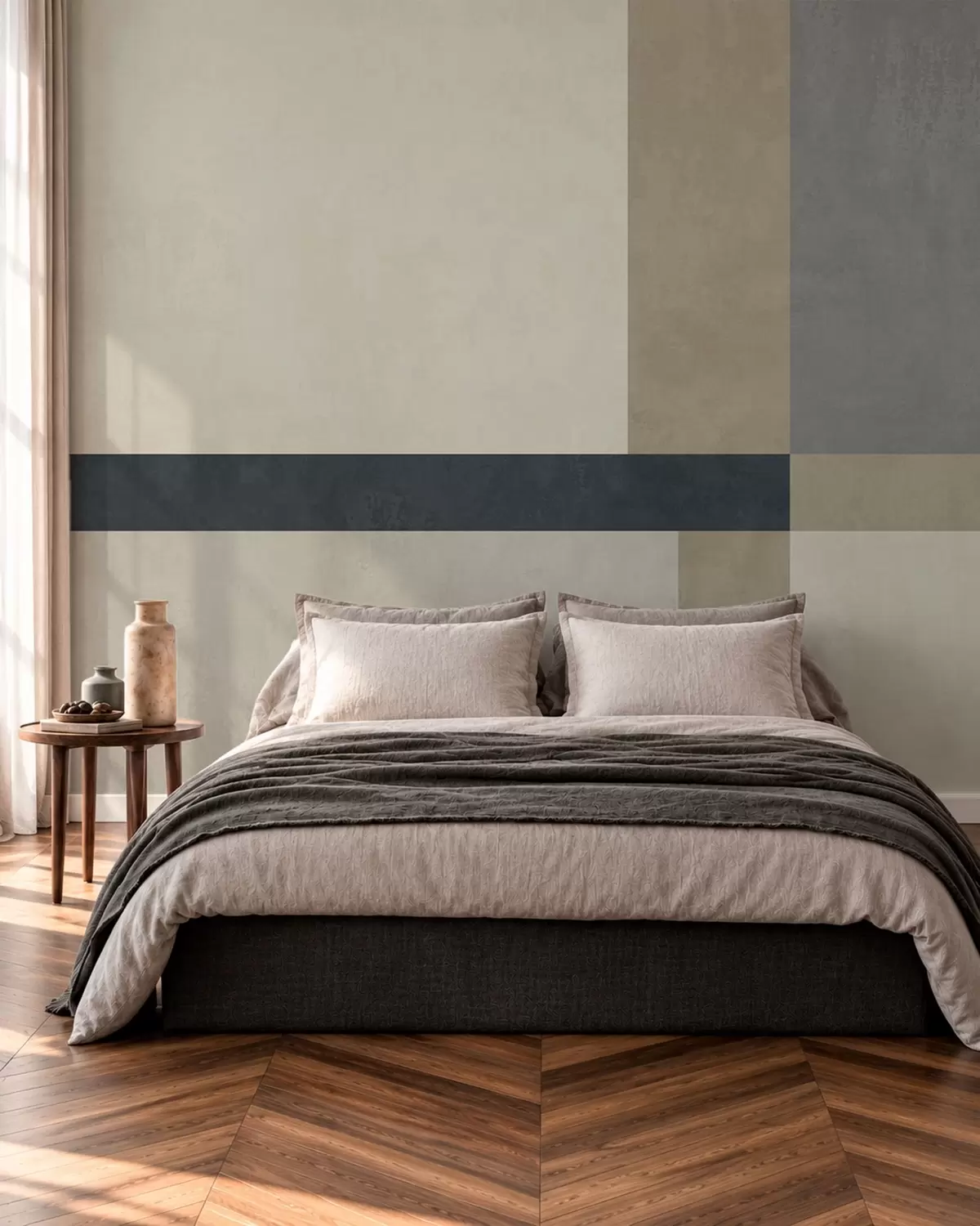 Fototapete Geometrische Komposition aus beigen und grauen Blöcken mit einem dunklen Streifen w05891v3