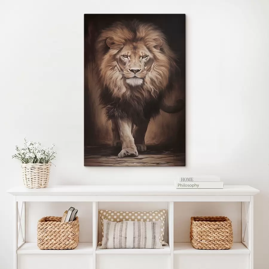 Wandbilder Majestätischer Löwe in dunklem Interieur s51087