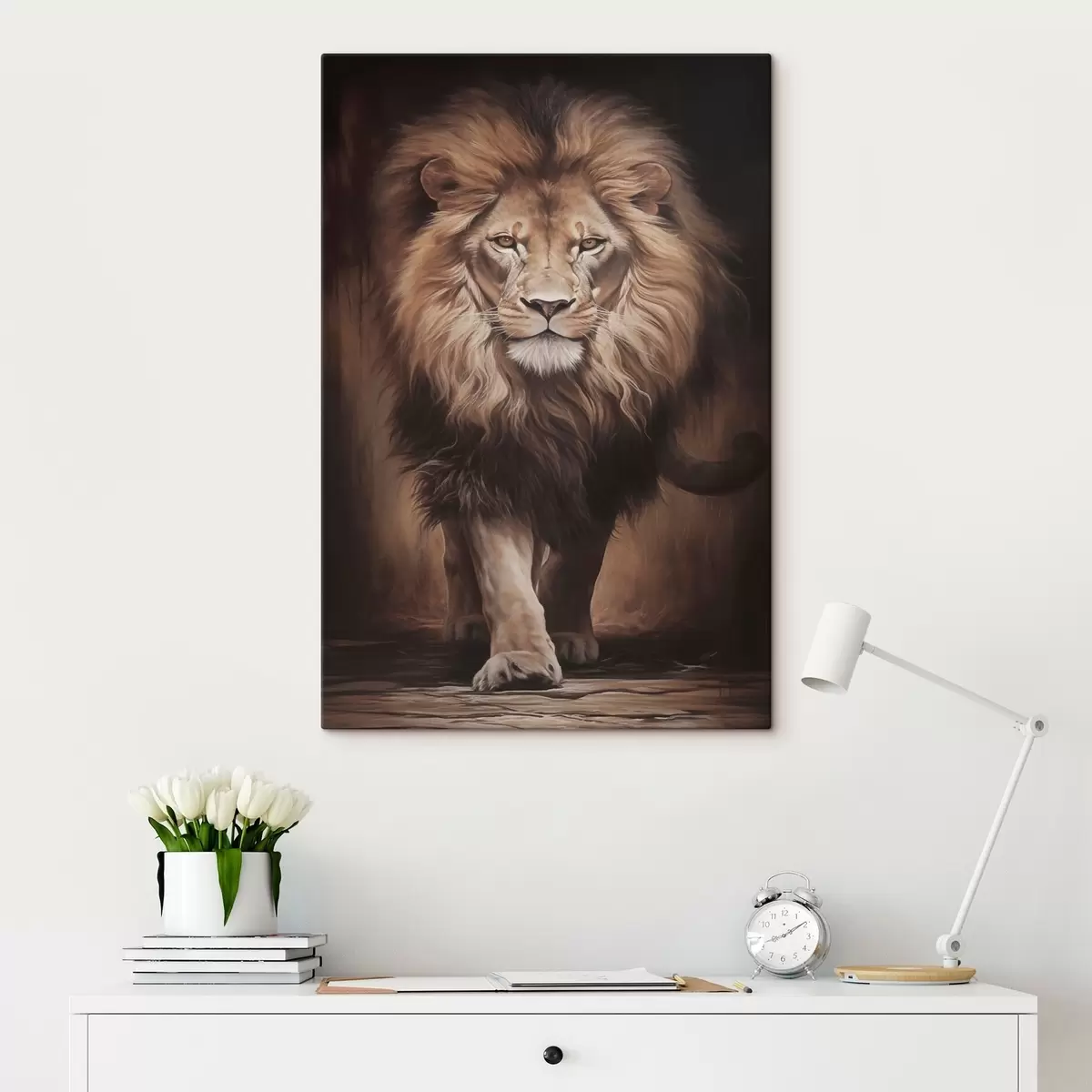 Wandbilder Majestätischer Löwe in dunklem Interieur s51087