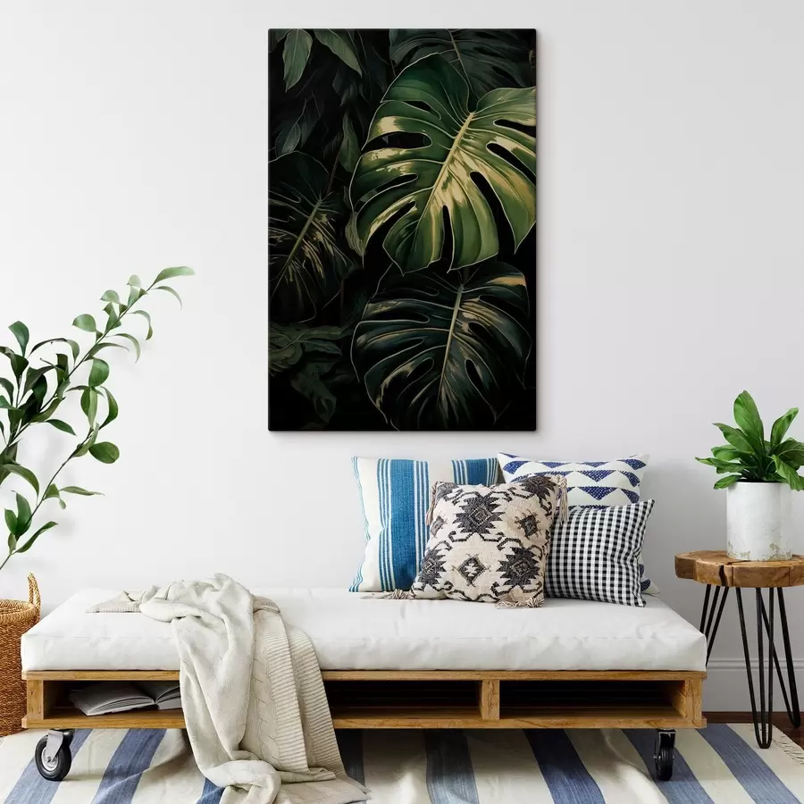 Wandbilder Glänzende Monstera-Blätter in dunklen Tropen s51091