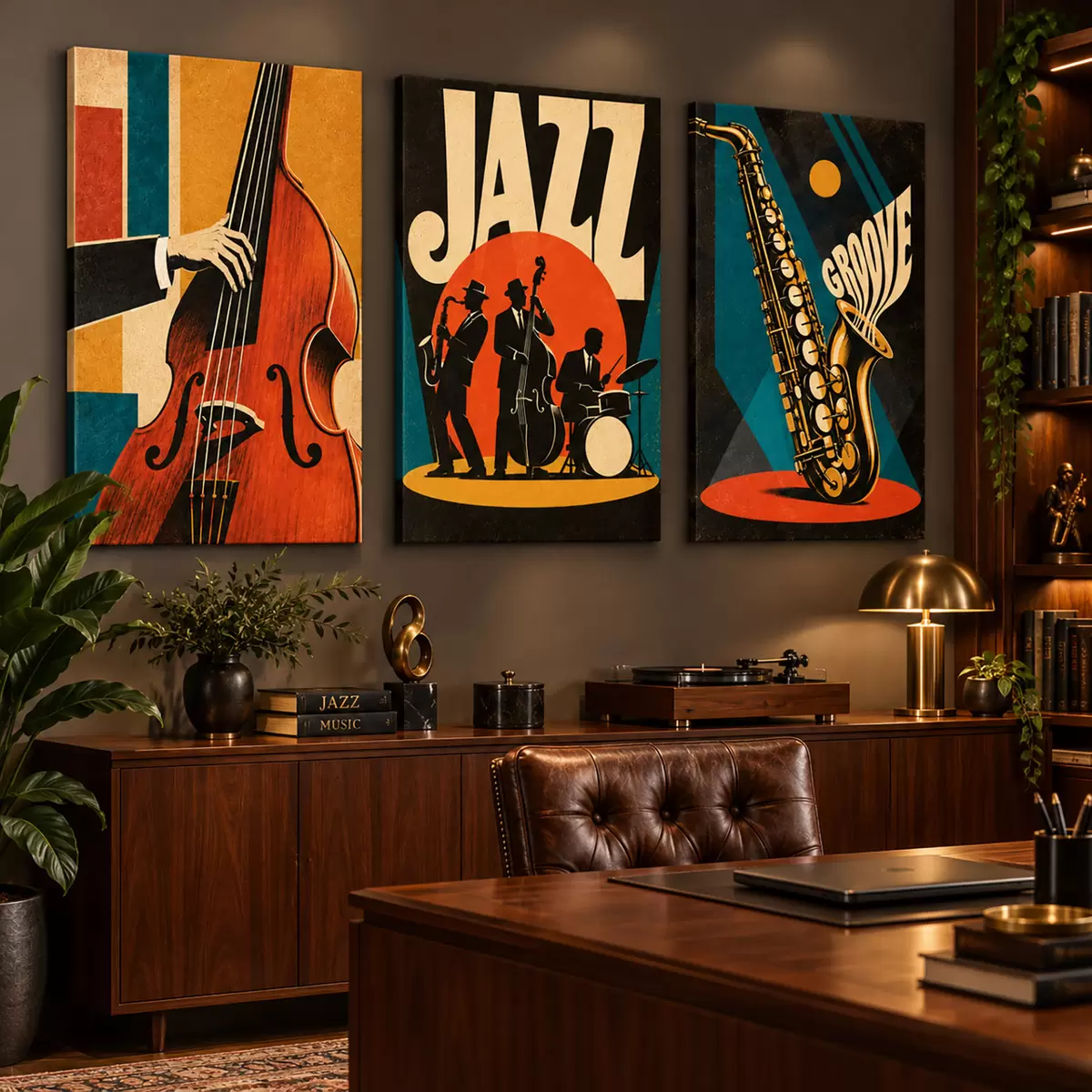 Wandbilder Jazzmusiker, die in leuchtenden Farben auftreten m31114