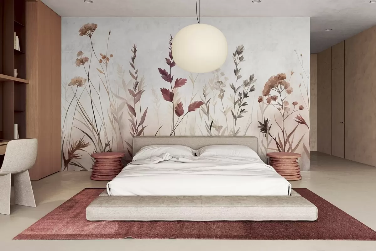 Fototapete Hohe Wildgräser und Wildblumen in gedeckten Erdtönen, minimalistische Ästhetik w10084