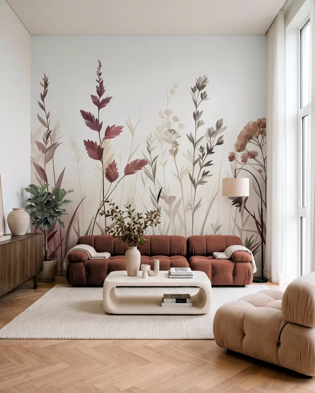 Fototapete Hohe Wildgräser und Wildblumen in gedeckten Erdtönen, minimalistische Ästhetik w10084