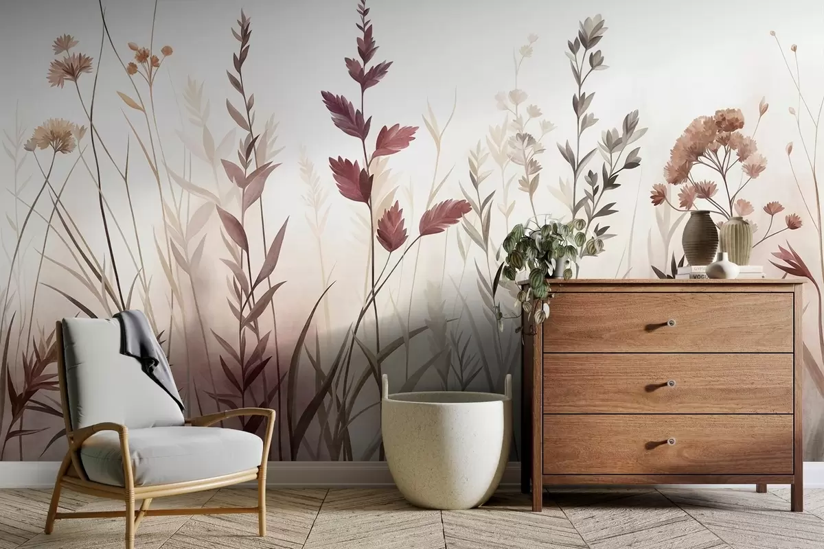 Fototapete Hohe Wildgräser und Wildblumen in gedeckten Erdtönen, minimalistische Ästhetik w10084