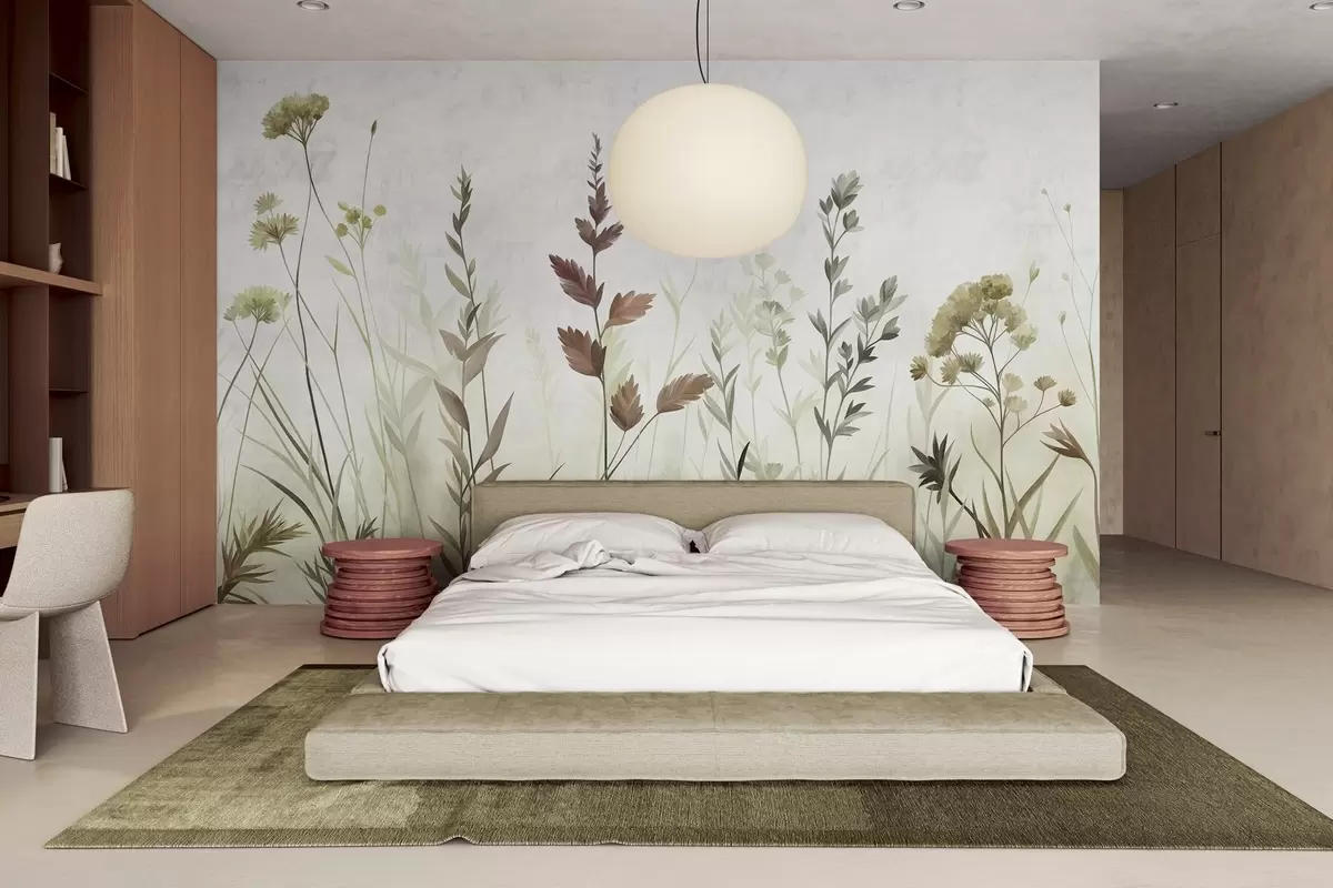 Fototapete Hohe Wildgräser und Wildblumen in gedeckten Grüntönen, minimalistische Ästhetik w10084v1