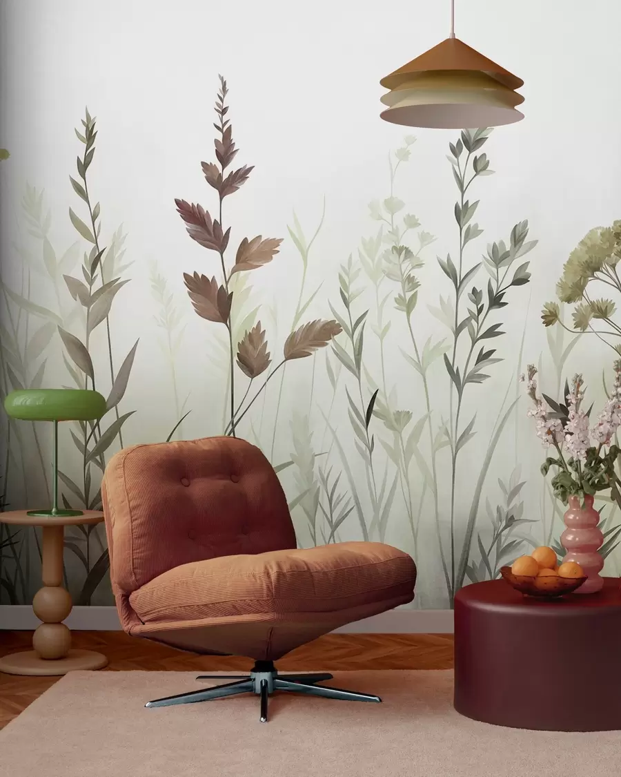 Fototapete Hohe Wildgräser und Wildblumen in gedeckten Grüntönen, minimalistische Ästhetik w10084v1