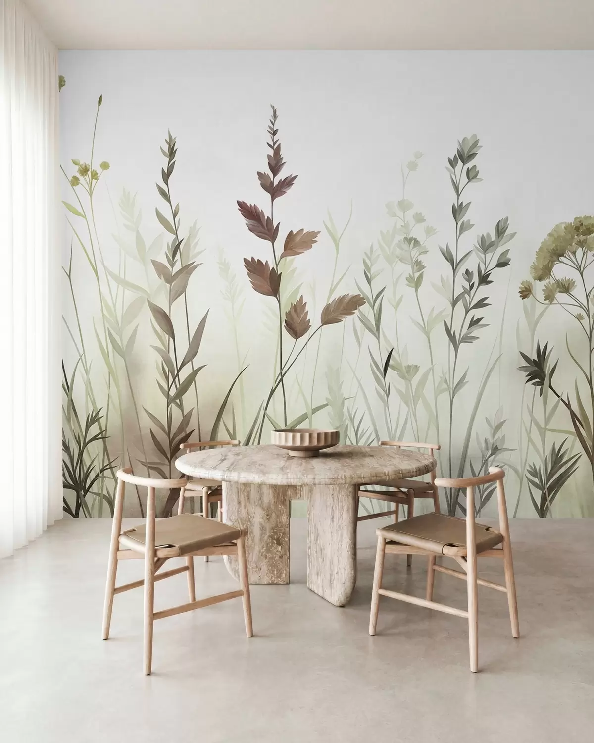 Fototapete Hohe Wildgräser und Wildblumen in gedeckten Grüntönen, minimalistische Ästhetik w10084v1