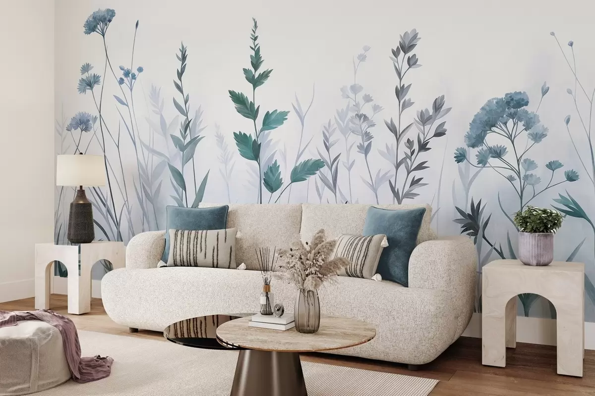 Fototapete Hohe Wildgräser und Wildblumen in gedeckten Blautönen, minimalistische Ästhetik w10084v2