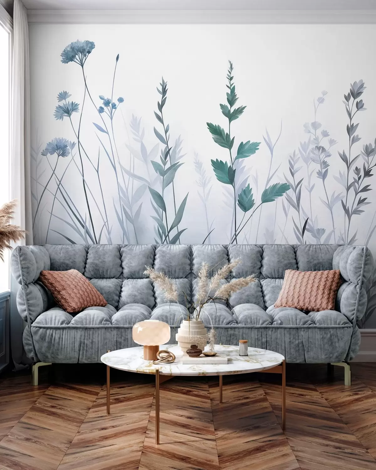 Fototapete Hohe Wildgräser und Wildblumen in gedeckten Blautönen, minimalistische Ästhetik w10084v2