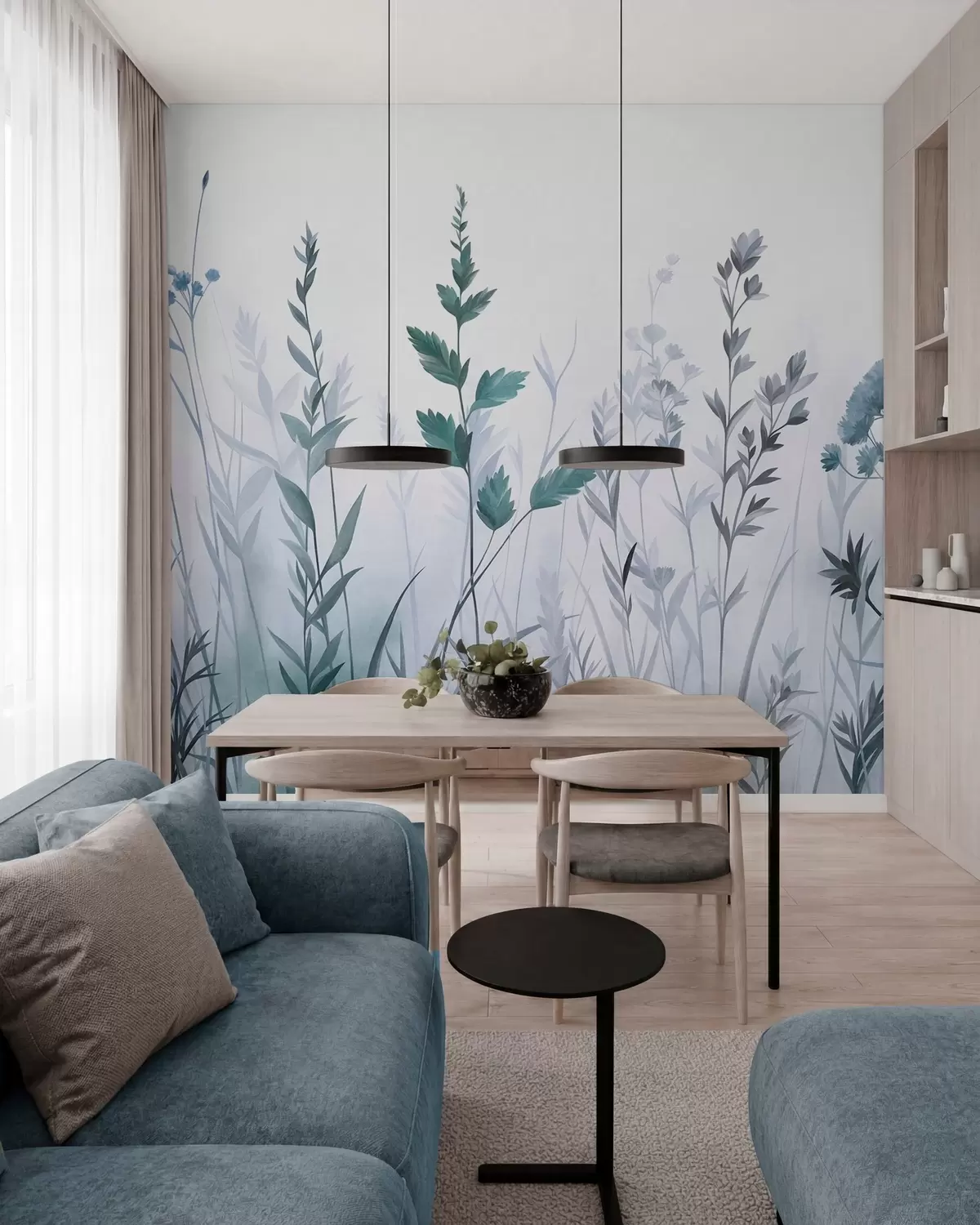 Fototapete Hohe Wildgräser und Wildblumen in gedeckten Blautönen, minimalistische Ästhetik w10084v2