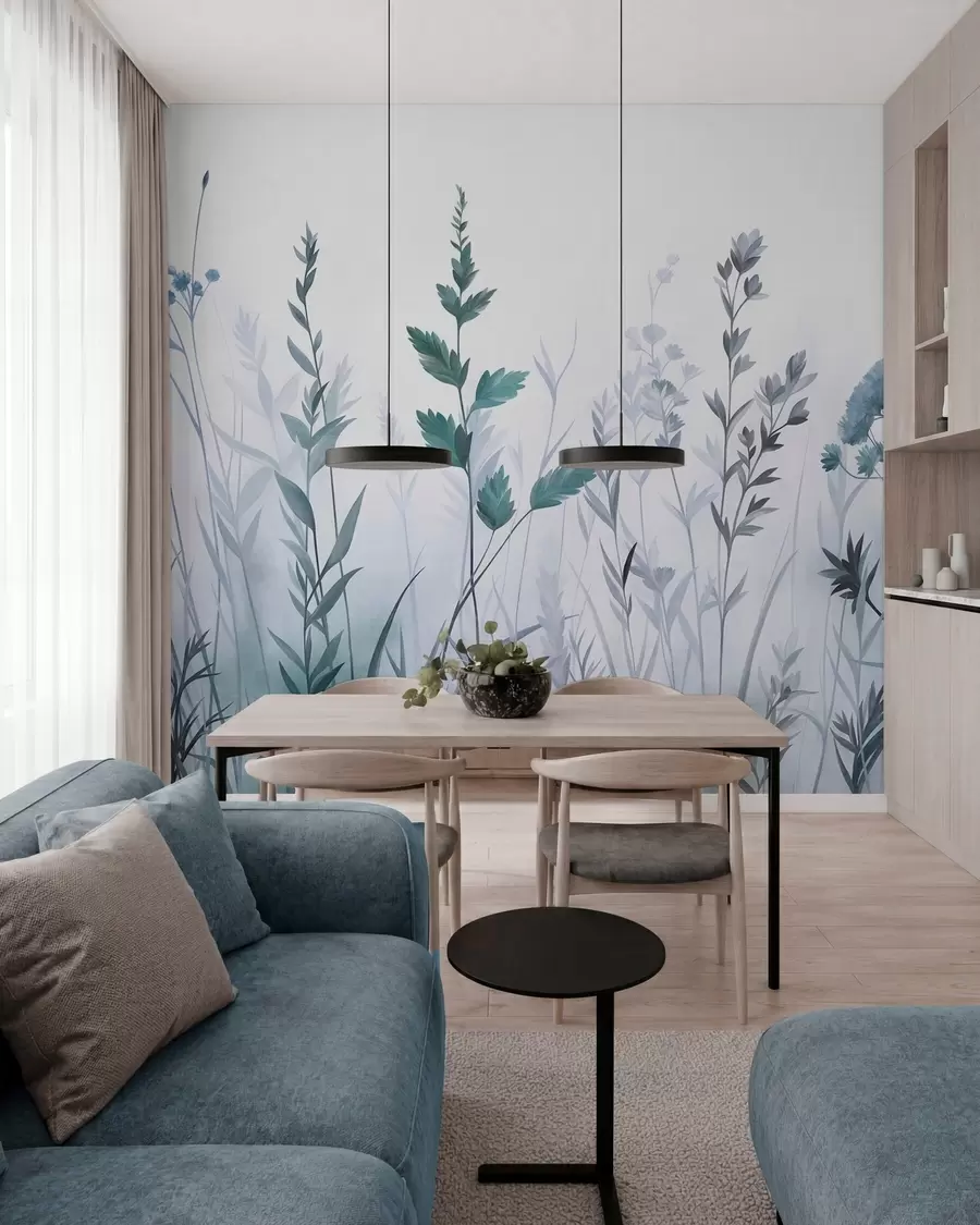 Fototapete Hohe Wildgräser und Wildblumen in gedeckten Blautönen, minimalistische Ästhetik w10084v2