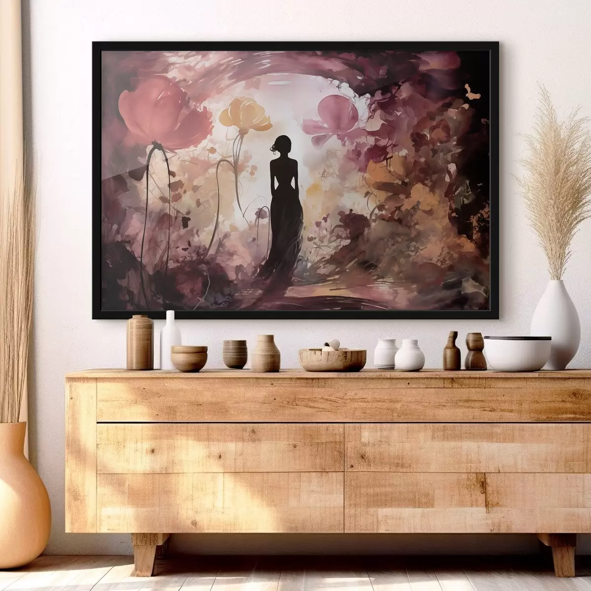 Poster Silhouette einer Frau in einem märchenhaft blühenden Garten f51081